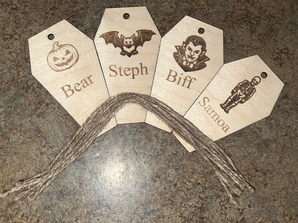 Personalized 4" Birch Coffin Ornament Set — Engraved Halloween Pack (12 Pieces)