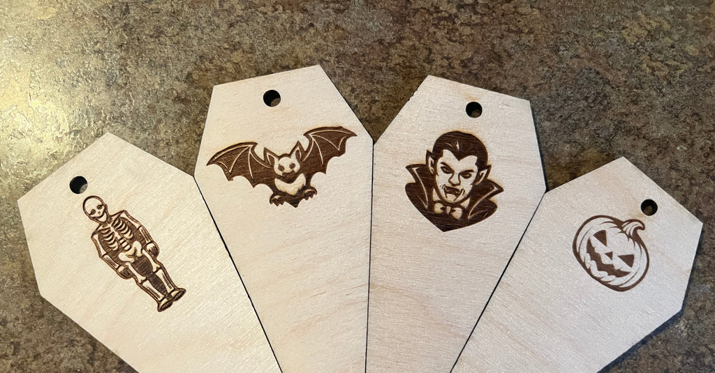 4" Birch Coffin Ornament Set — Halloween Engraved Pack (12 Pieces)