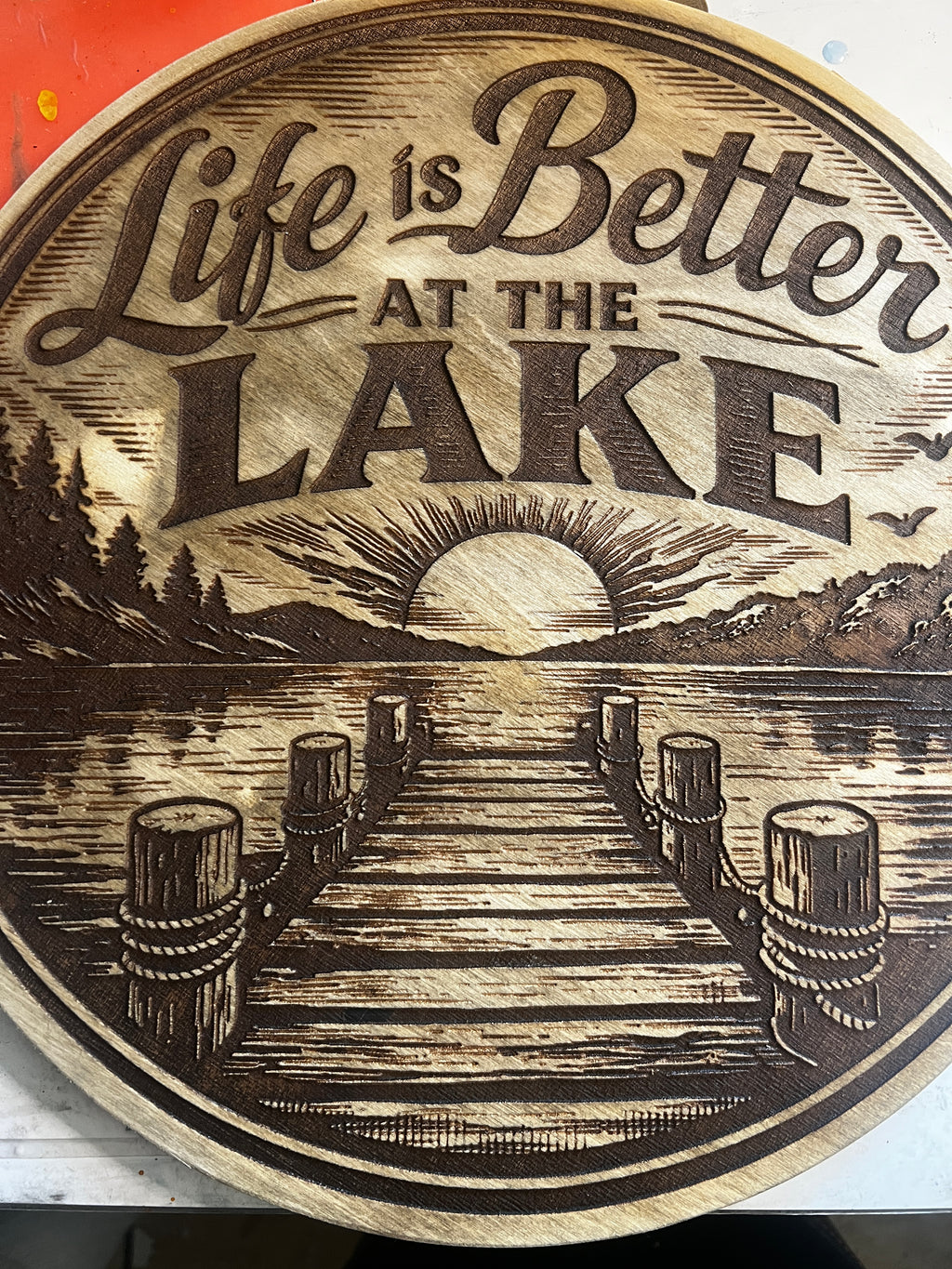 14” Life is Better at the Lake laser engraved mica powder colored