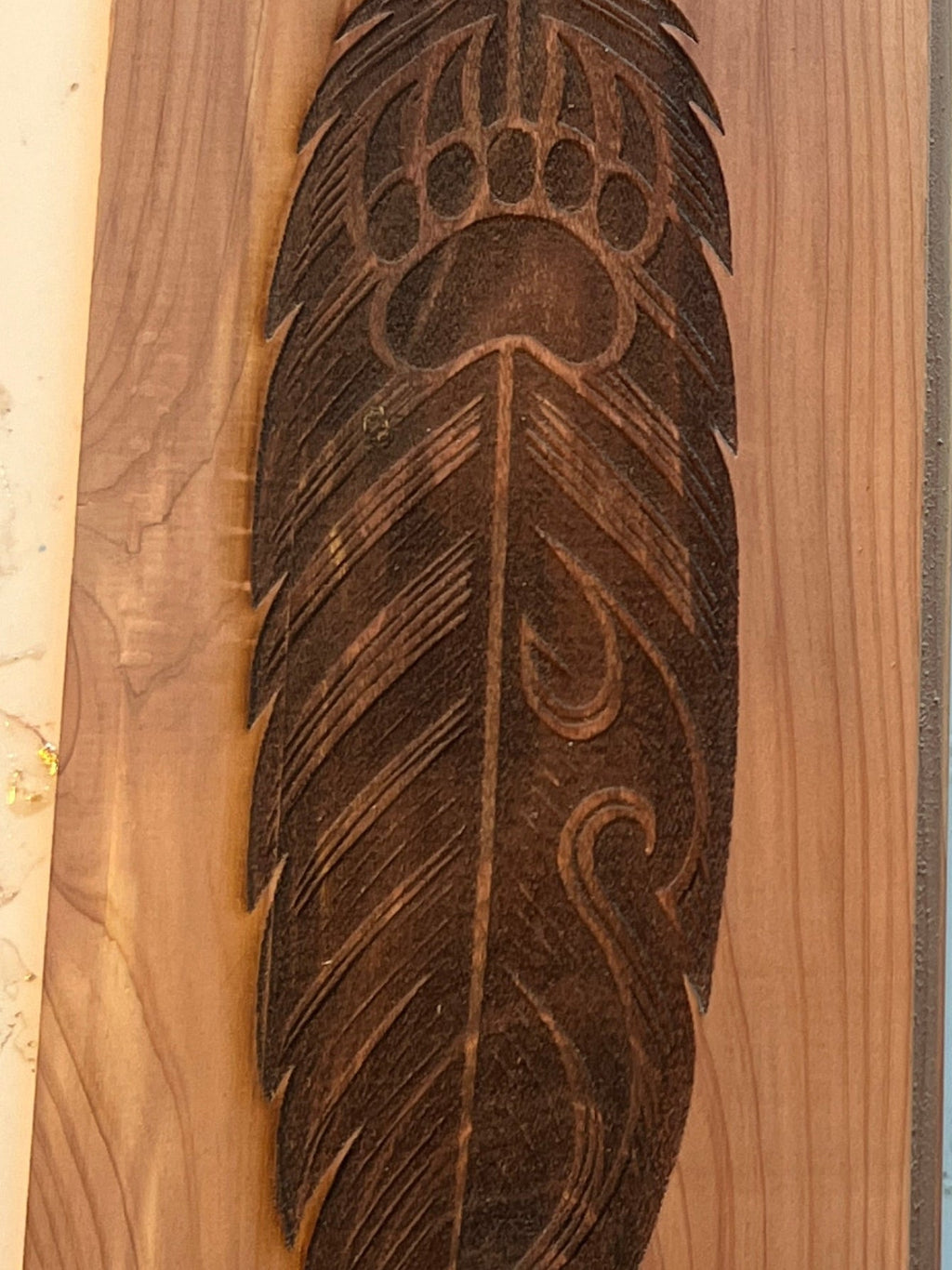 Cedar Spirit Feather — Mystic Laser Carving (11.25" x 3.5")