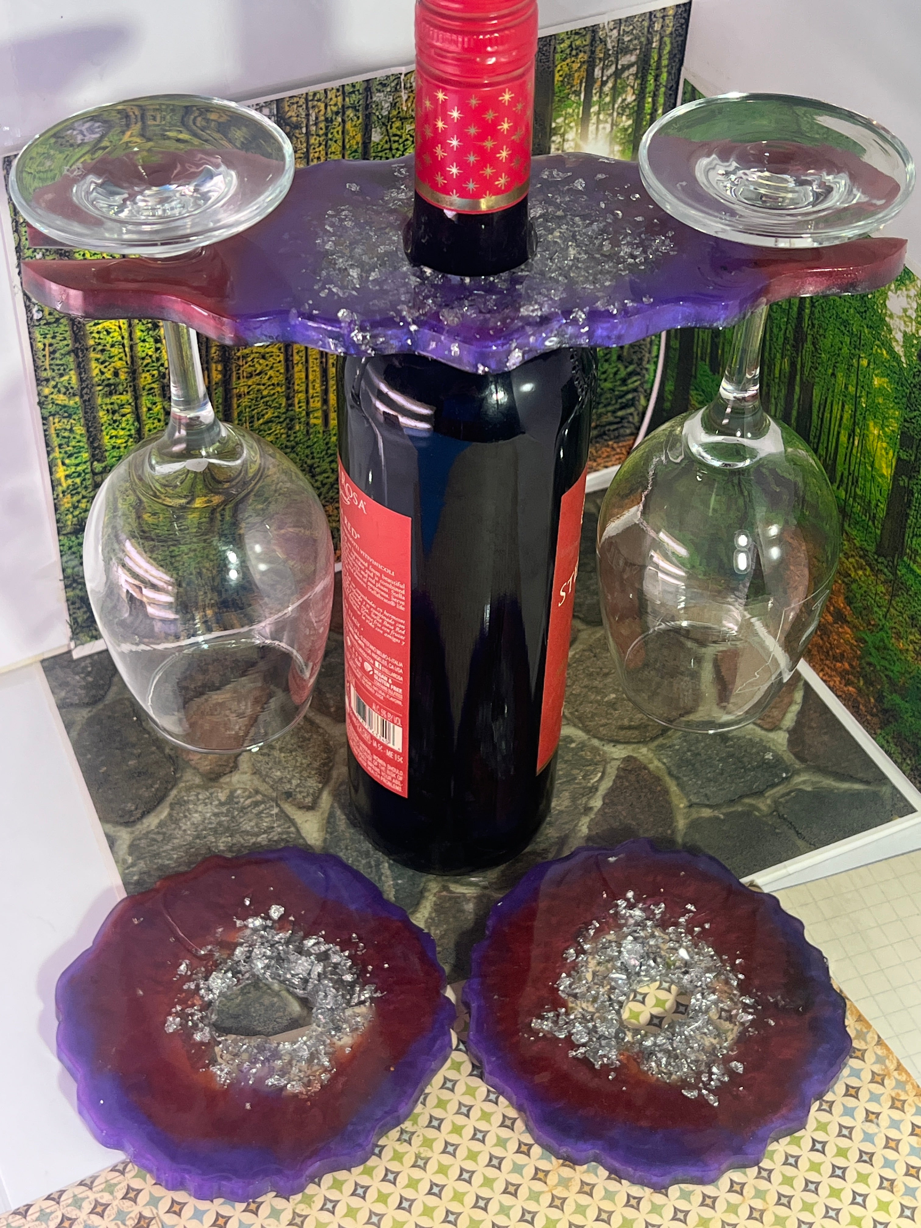Handcrafted Geode Wine Bottle & Glass Display
