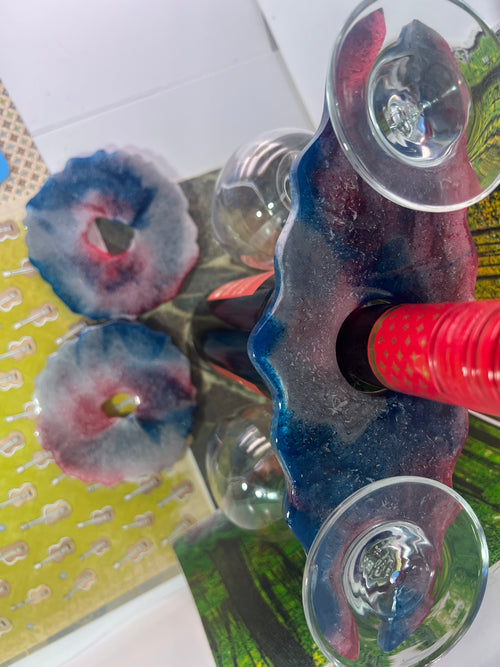 Artisan Red‑White‑Blue Wine Rack Set — Glass Holder & Coaster Pair