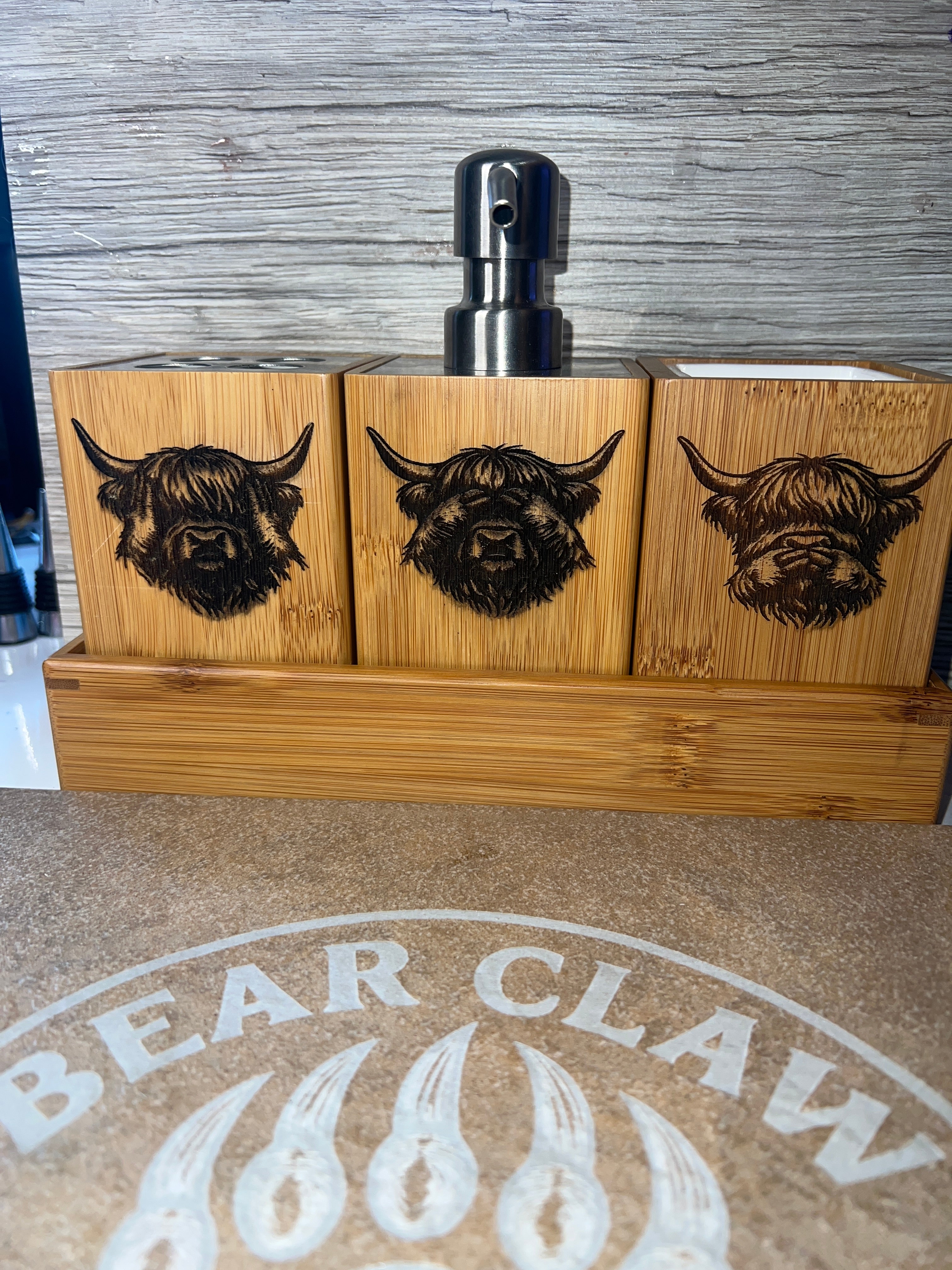 🌿 Bamboo “Hear No Evil, Speak No Evil, See No Evil” Highland Cow Bathroom Set