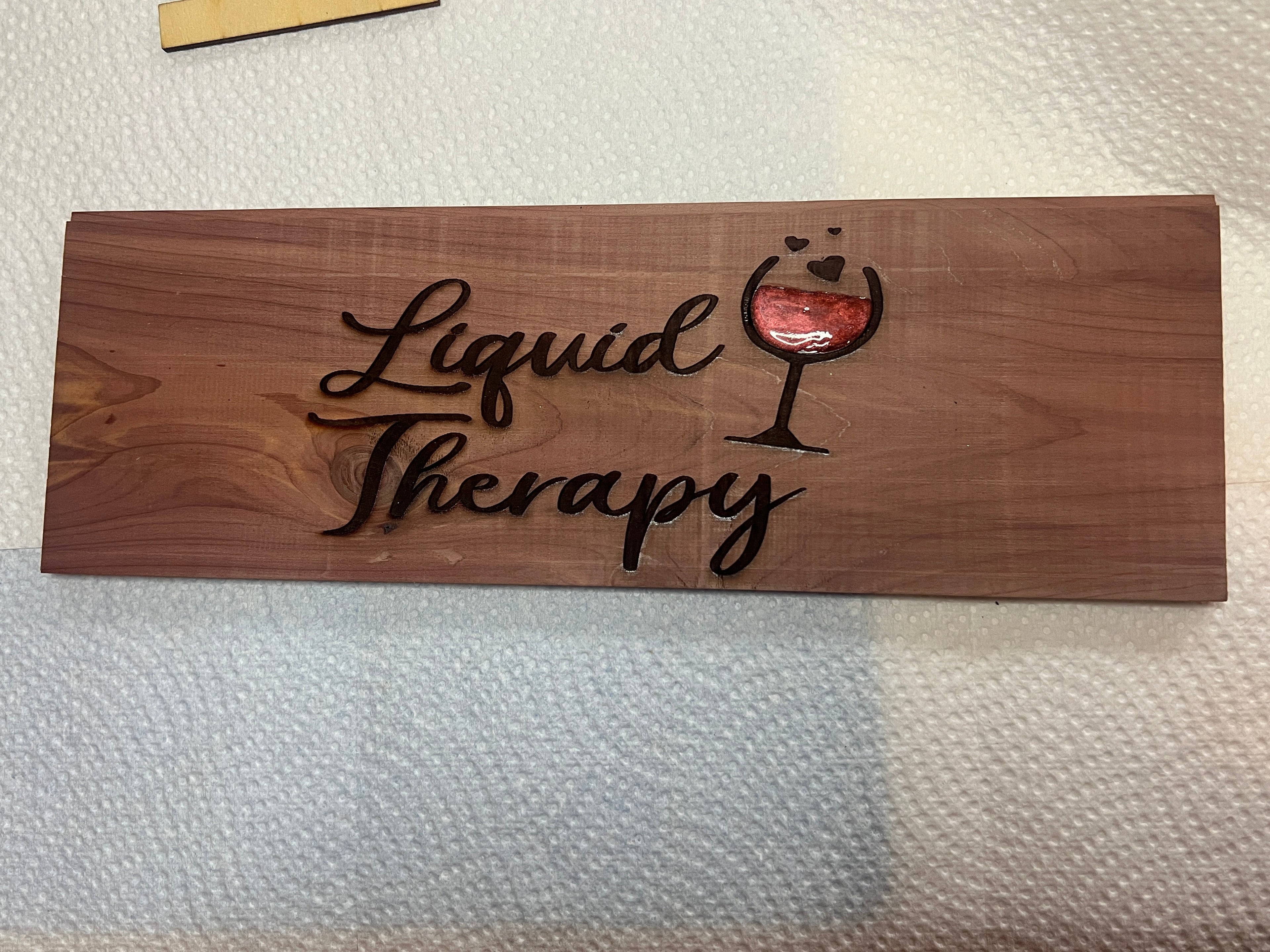 “Liquid Therapy – Cedar Engraved Wine Art” 11.25" x 3.75"