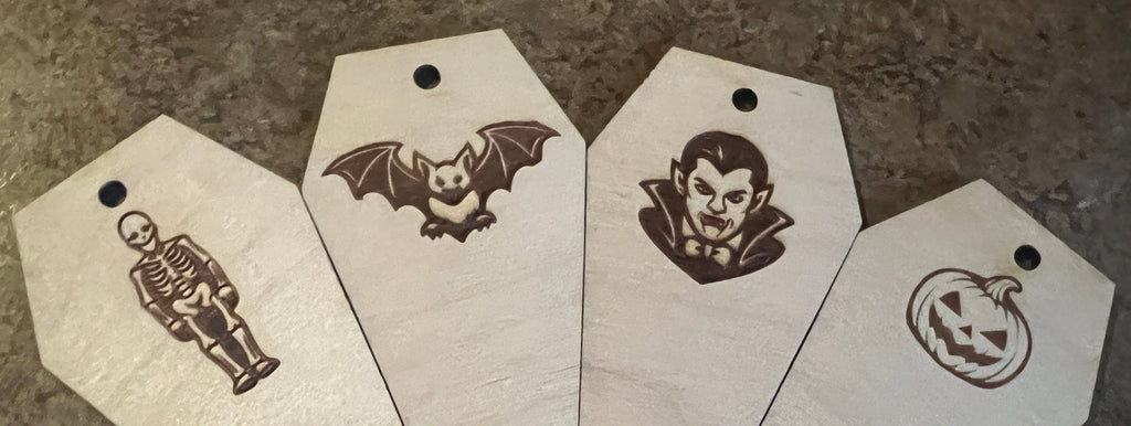 4" Birch Coffin Ornament Set — Halloween Engraved Pack (12 Pieces)
