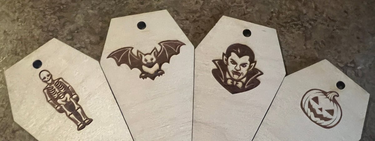 4" Birch Coffin Ornament Set — Halloween Engraved Pack (12 Pieces)