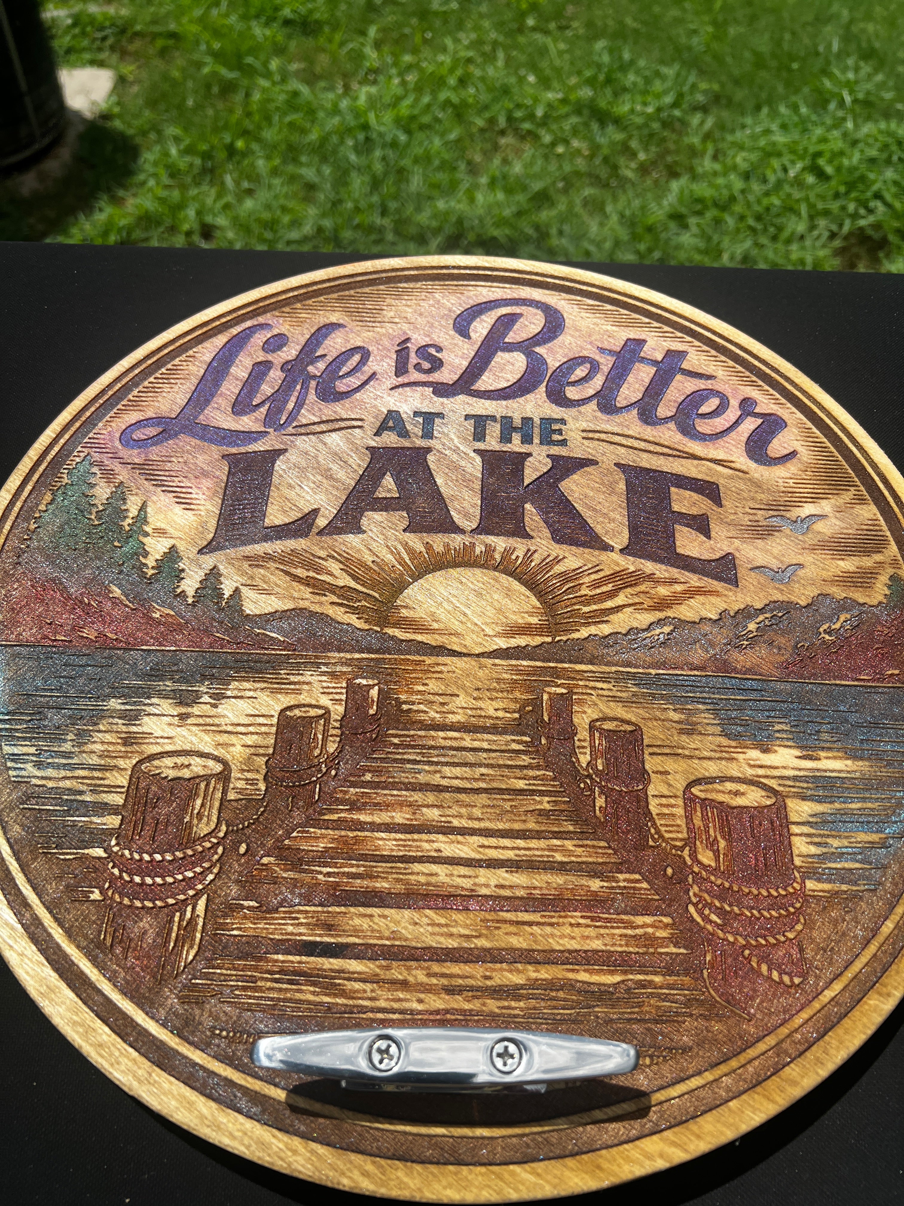 14” Life is Better at the Lake laser engraved mica powder colored