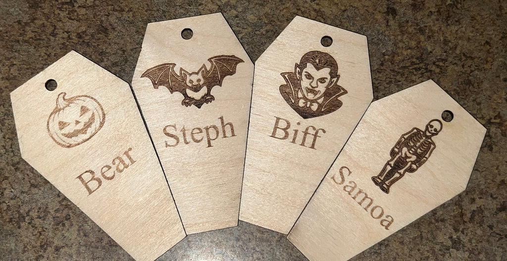 Personalized 4" Birch Coffin Ornament Set — Engraved Halloween Pack (12 Pieces)
