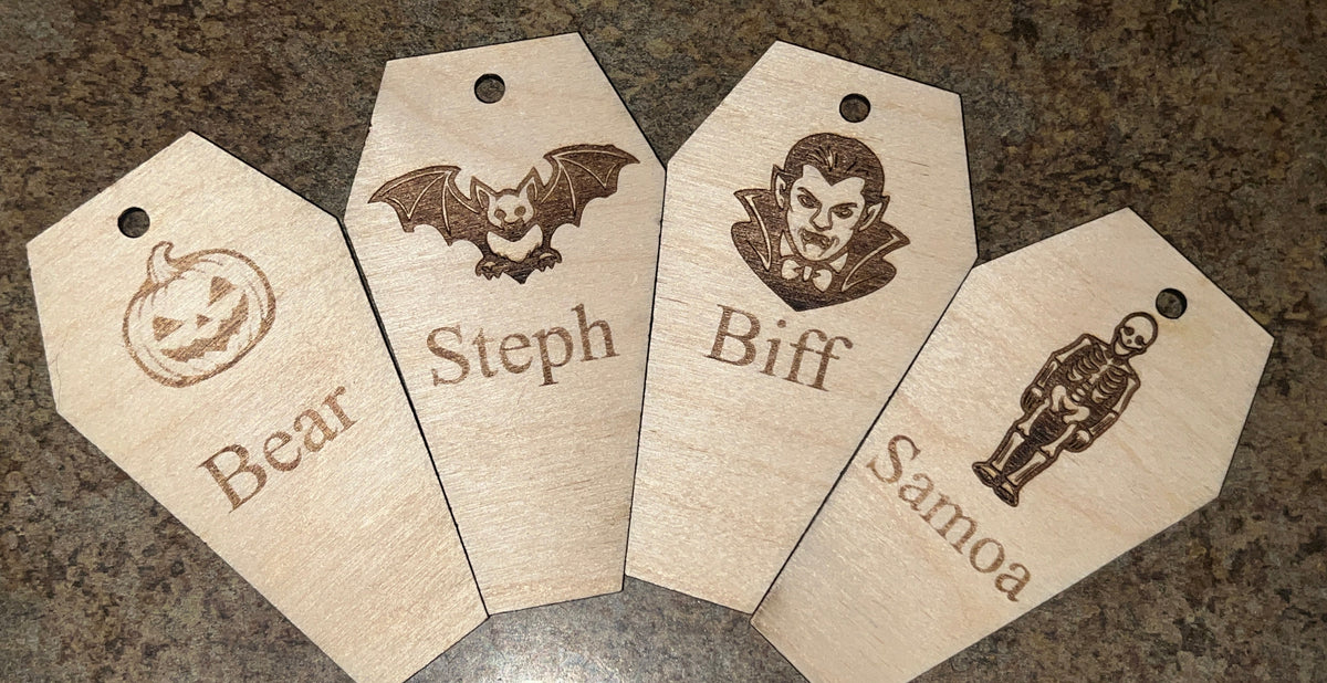 Personalized 4" Birch Coffin Ornament Set — Engraved Halloween Pack (12 Pieces)