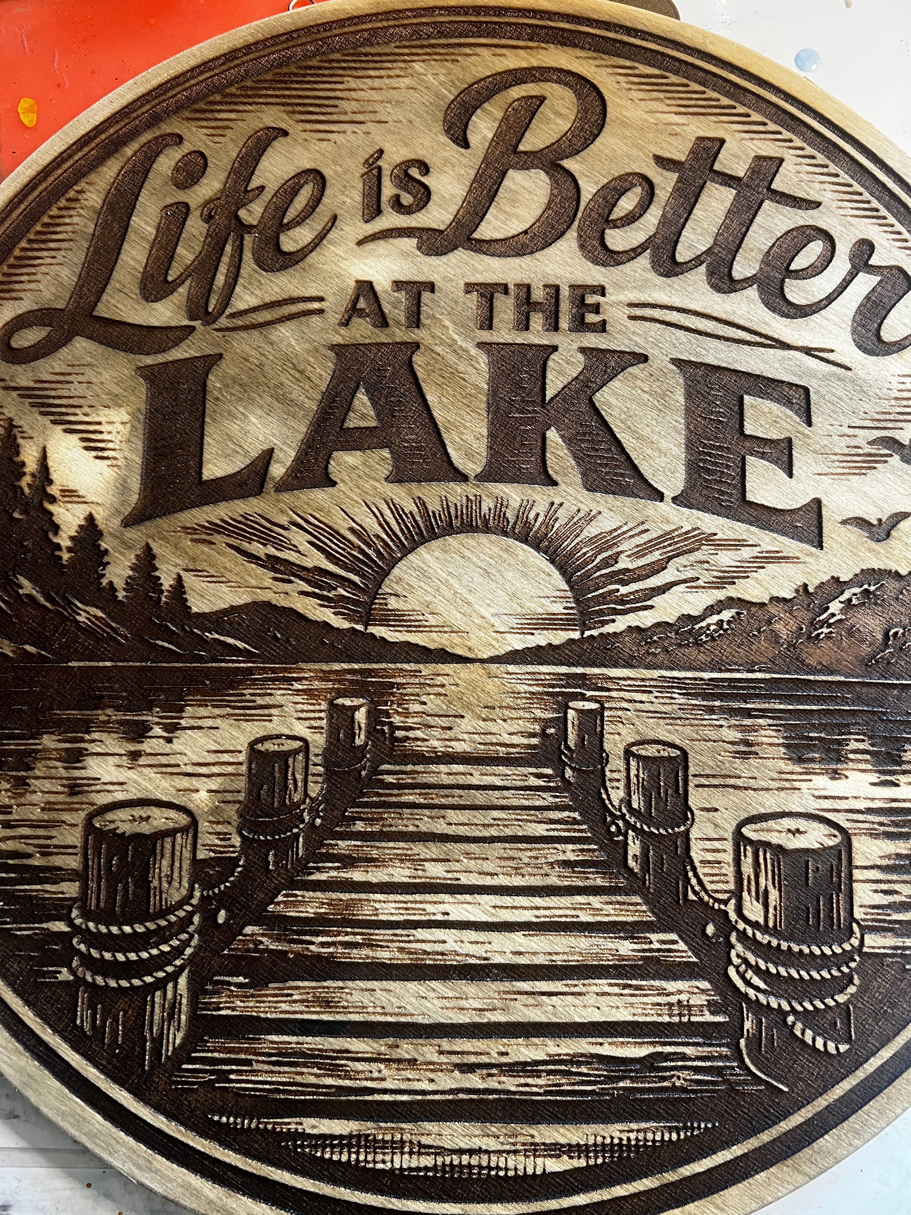 14” Life is Better at the Lake laser engraved mica powder colored