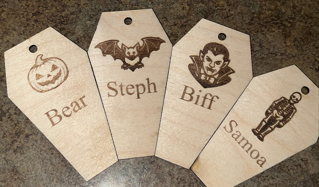 Personalized 4" Birch Coffin Ornament Set — Engraved Halloween Pack (12 Pieces)