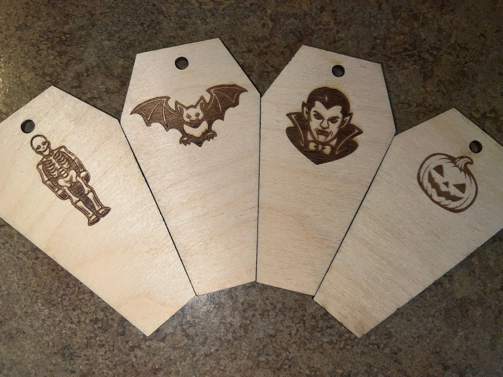 4" Birch Coffin Ornament Set — Halloween Engraved Pack (12 Pieces)