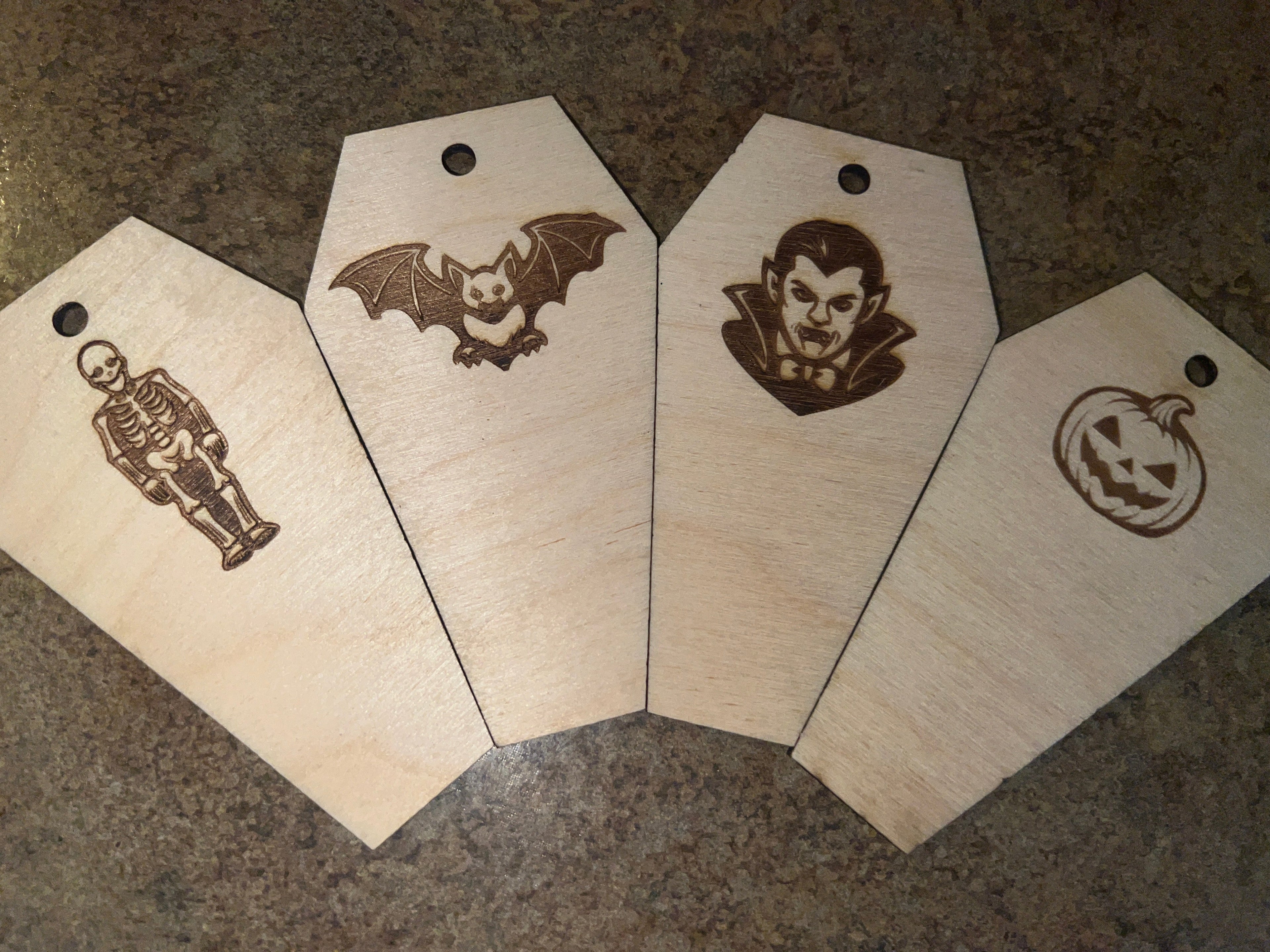 4" Birch Coffin Ornament Set — Halloween Engraved Pack (12 Pieces)