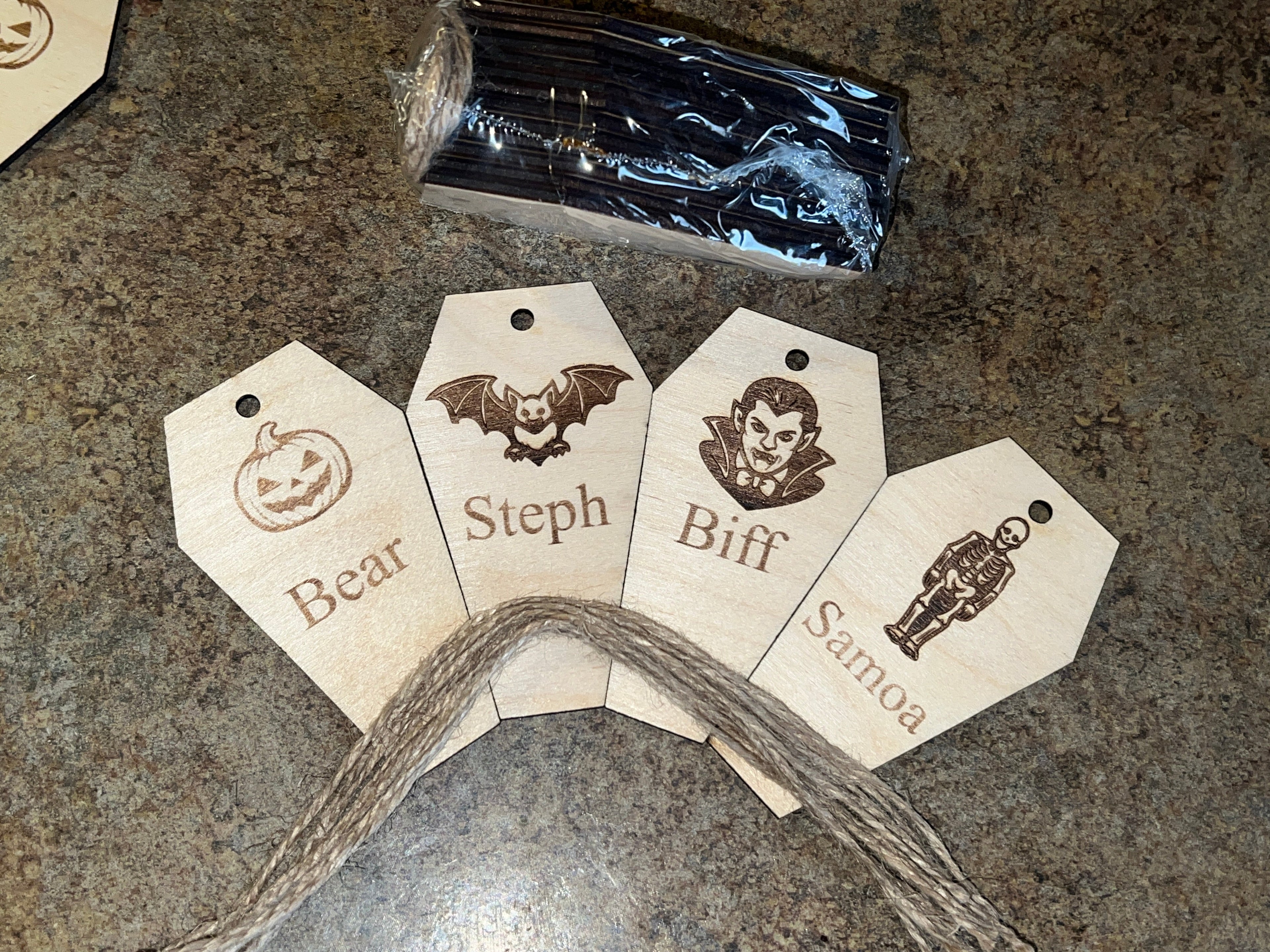 Personalized 4" Birch Coffin Ornament Set — Engraved Halloween Pack (12 Pieces)