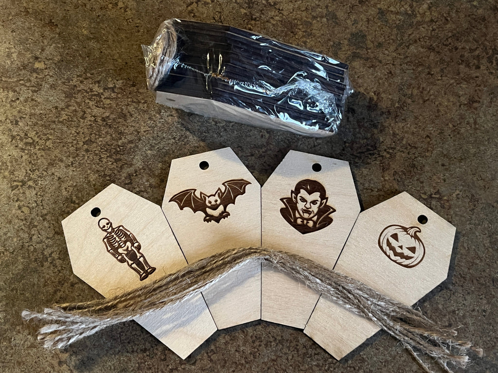 4" Birch Coffin Ornament Set — Halloween Engraved Pack (12 Pieces)