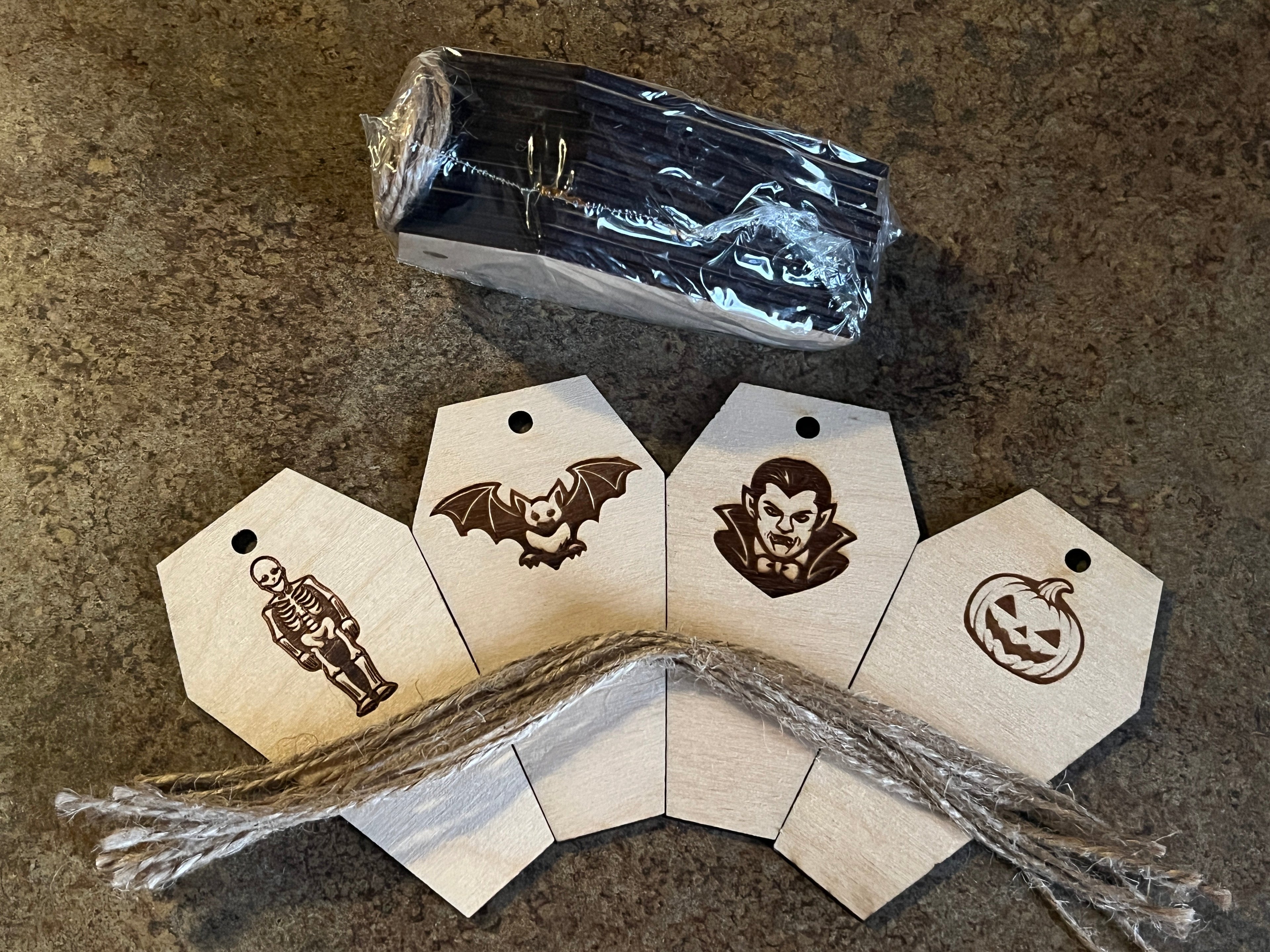 4" Birch Coffin Ornament Set — Halloween Engraved Pack (12 Pieces)