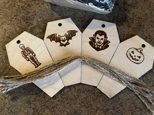 4" Birch Coffin Ornament Set — Halloween Engraved Pack (12 Pieces)
