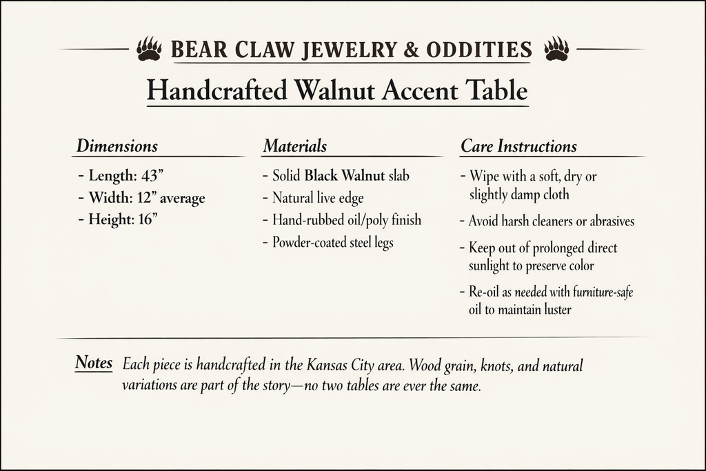 Handcrafted Walnut Live‑Edge Accent Table — Bear Claw Jewelry & Oddities