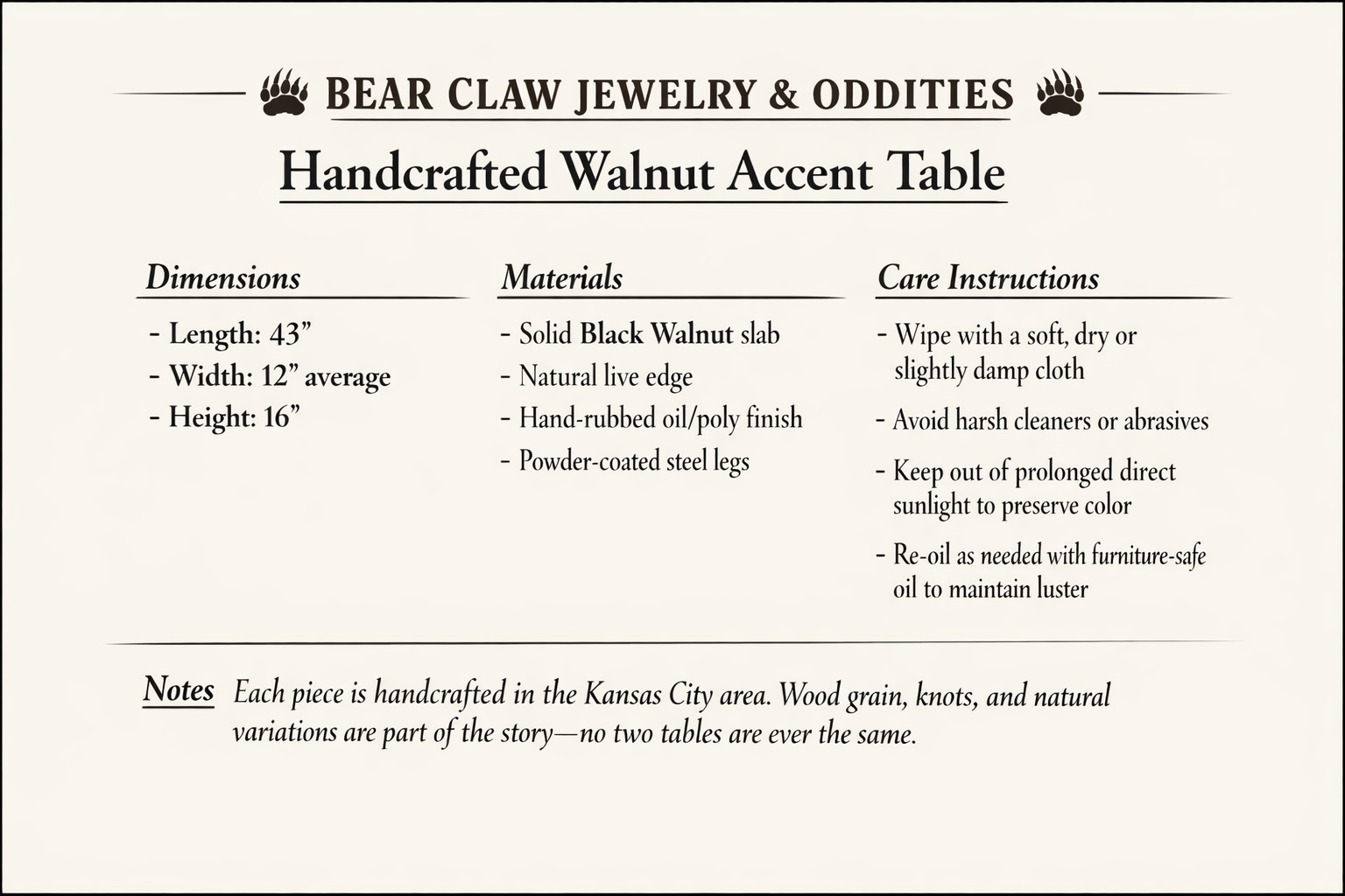 Handcrafted Walnut Live‑Edge Accent Table — Bear Claw Jewelry & Oddities