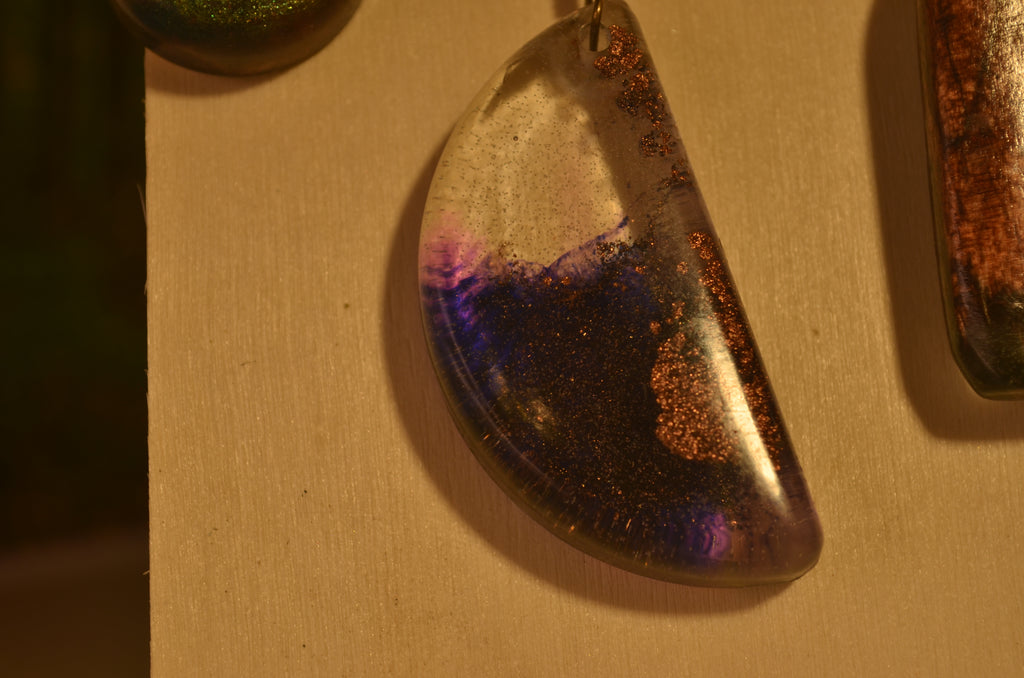 🌙💜 Resin Pendant on Purple Cord — Cosmic Half‑Moon
