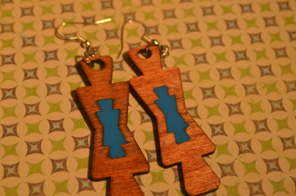 🔷✨ Blue Core Geo‑Frame Earrings — Mixed Media Wood & Resin