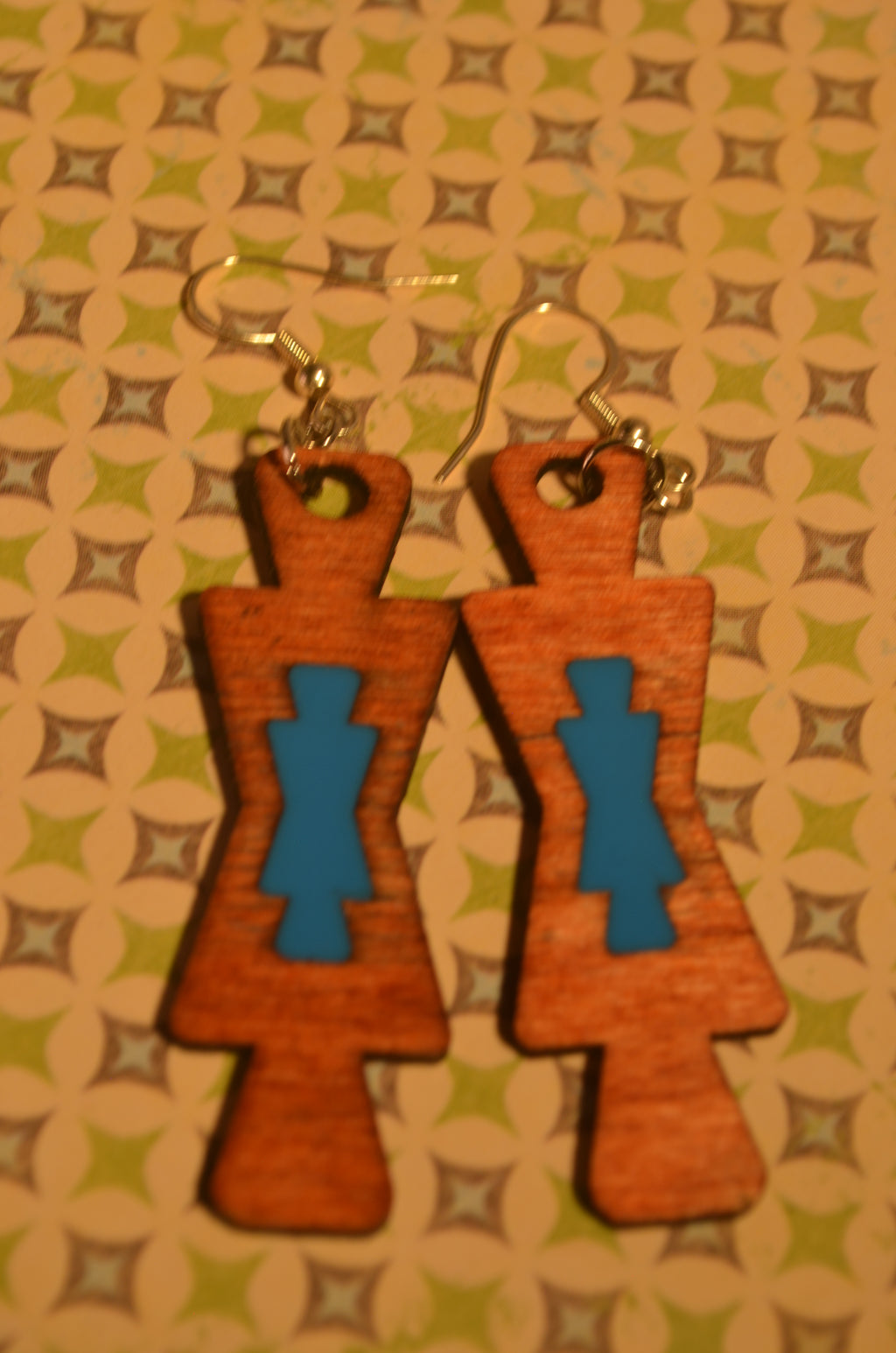 🔷✨ Blue Core Geo‑Frame Earrings — Mixed Media Wood & Resin