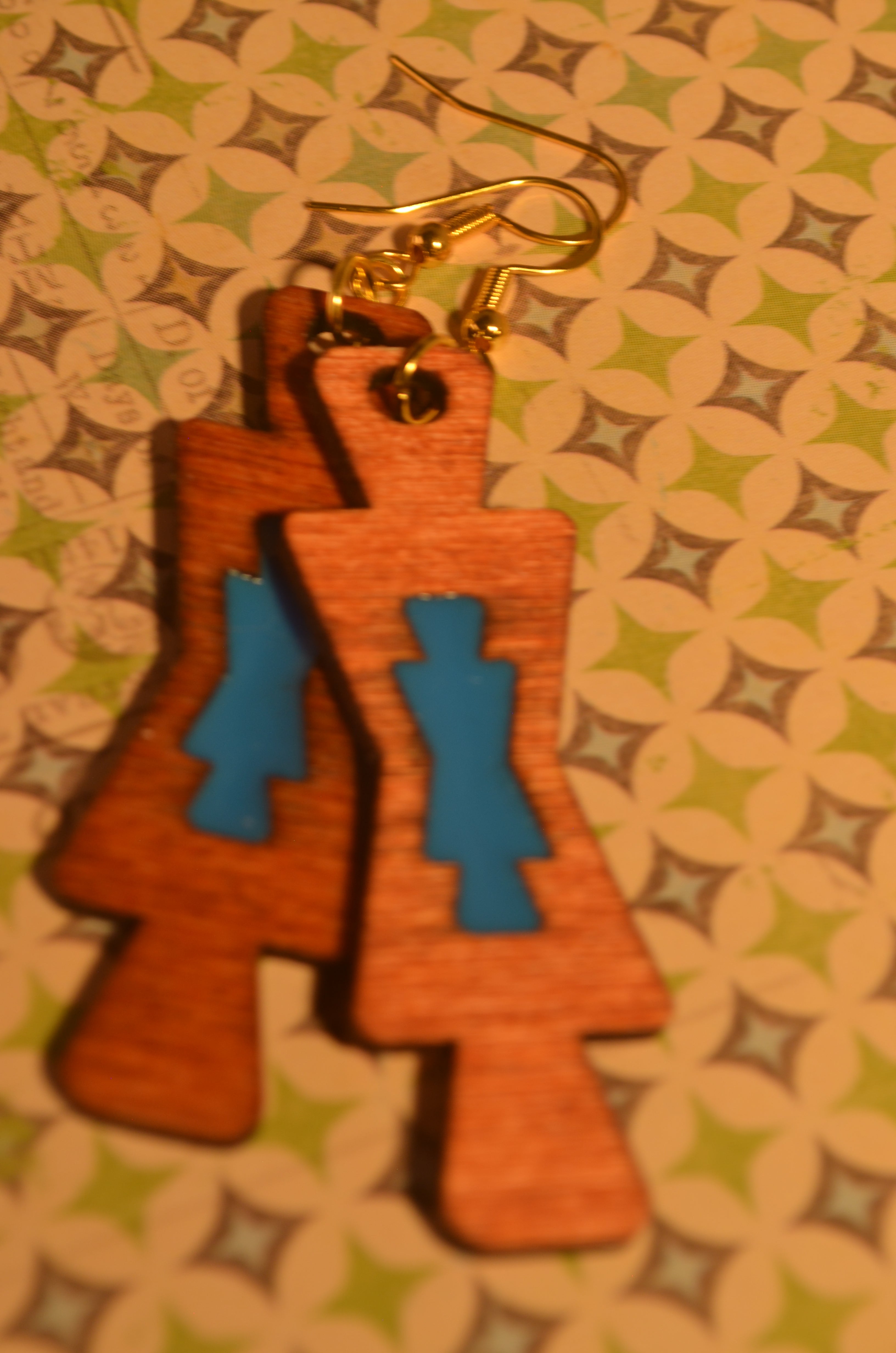 🔷✨ Blue Core Geo‑Frame Earrings — Mixed Media Wood & Resin