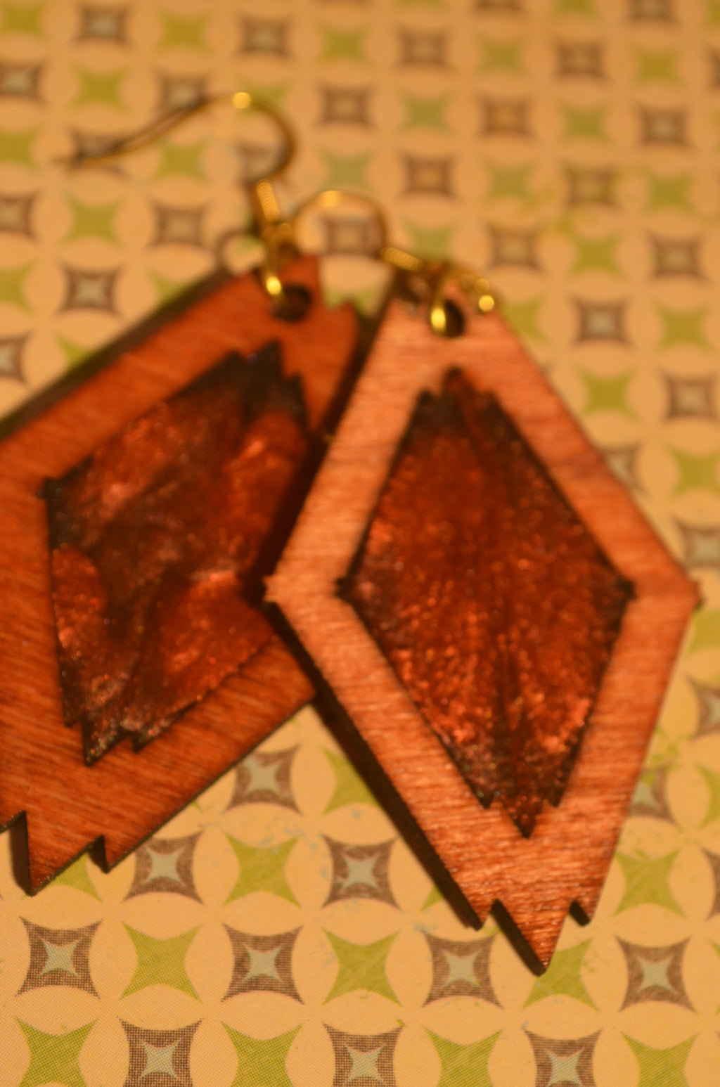 🔶✨ Ironcore Diamond Earrings — Carved Wood & Inlay