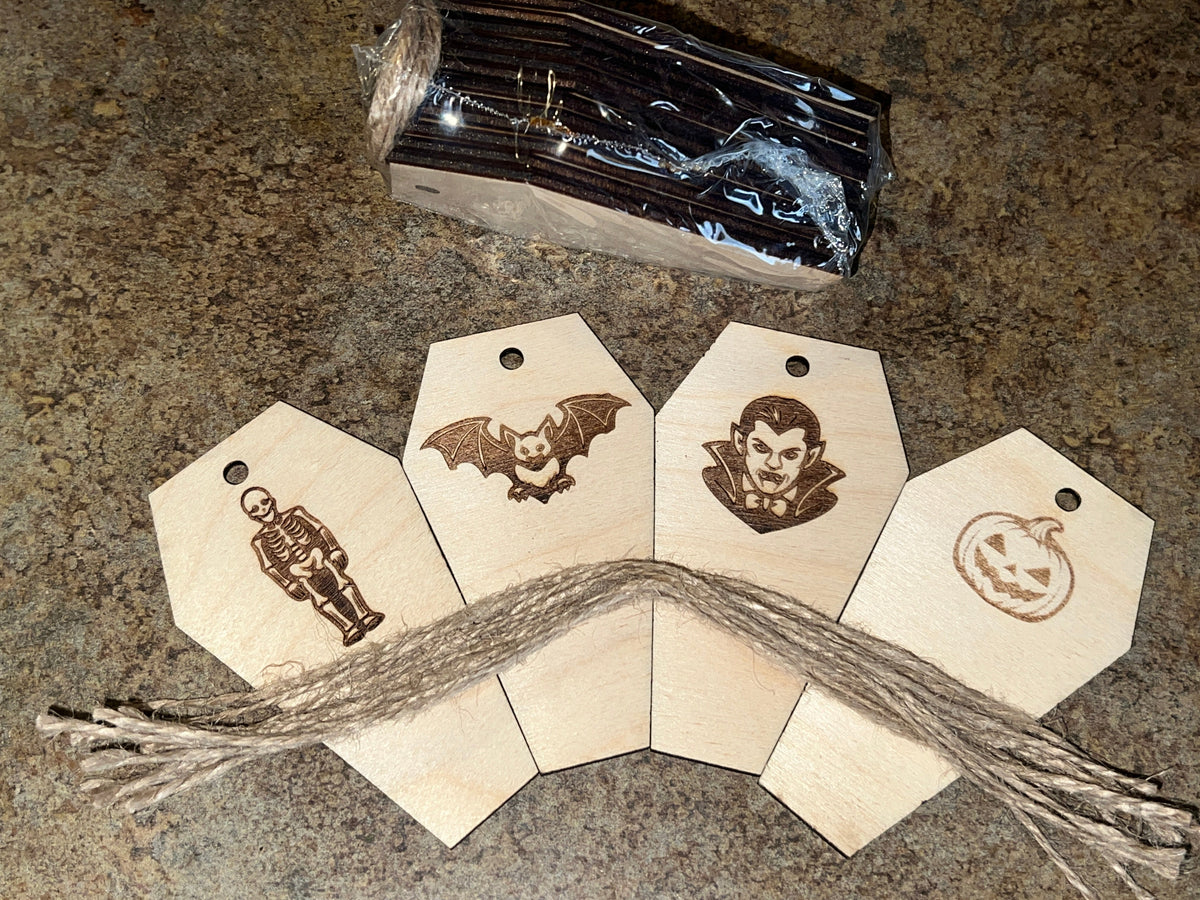 4" Birch Coffin Ornament Set — Halloween Engraved Pack (12 Pieces)
