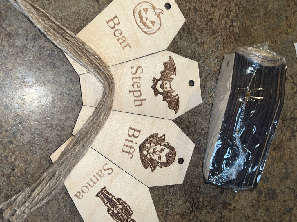 Personalized 4" Birch Coffin Ornament Set — Engraved Halloween Pack (12 Pieces)