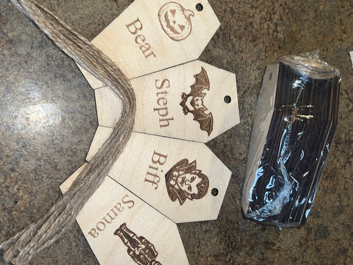 Personalized 4" Birch Coffin Ornament Set — Engraved Halloween Pack (12 Pieces)
