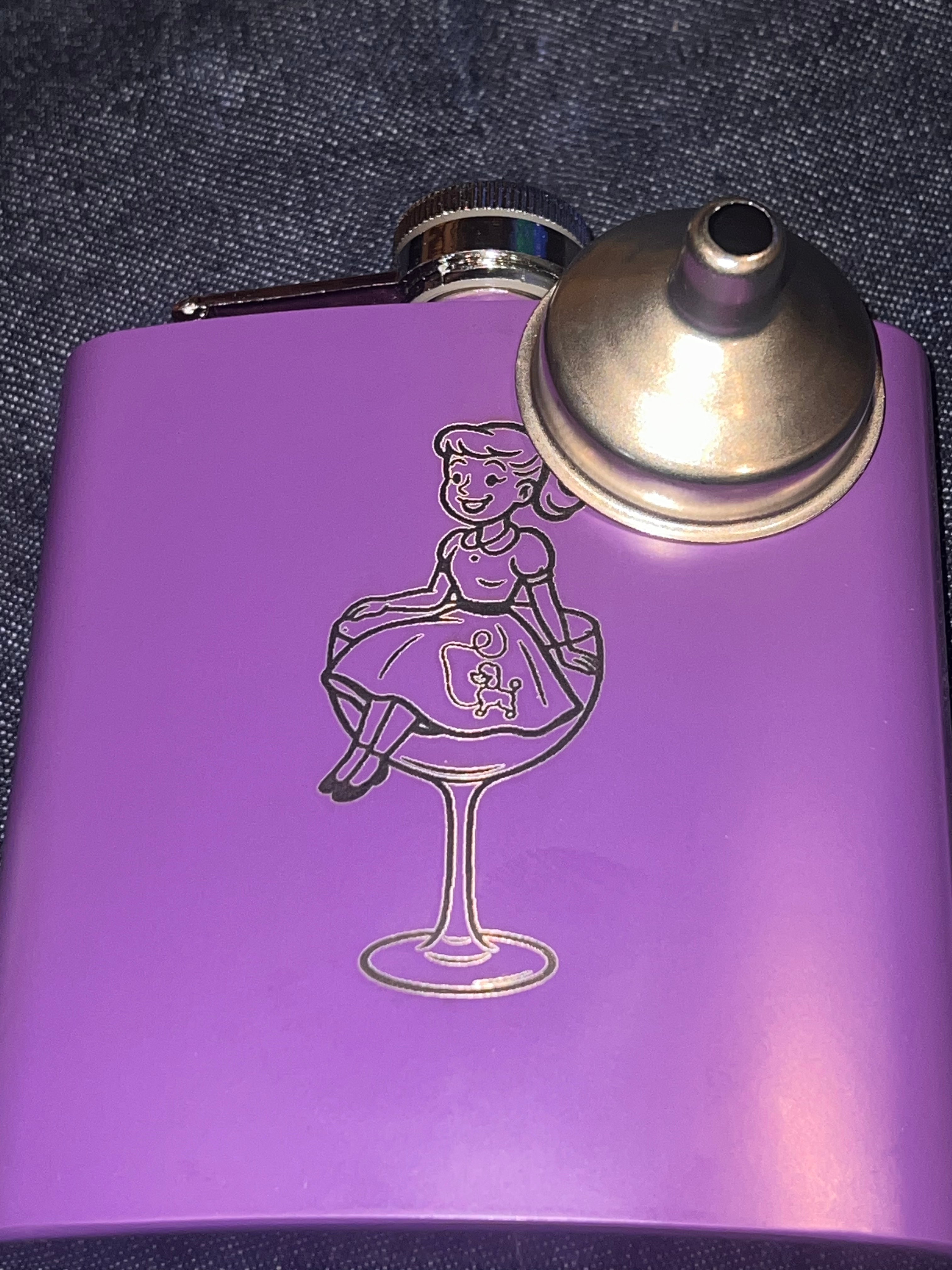 💃🥃 6 oz Stainless Steel Flask — Poodle Skirt Pin‑Up (Original Art)
