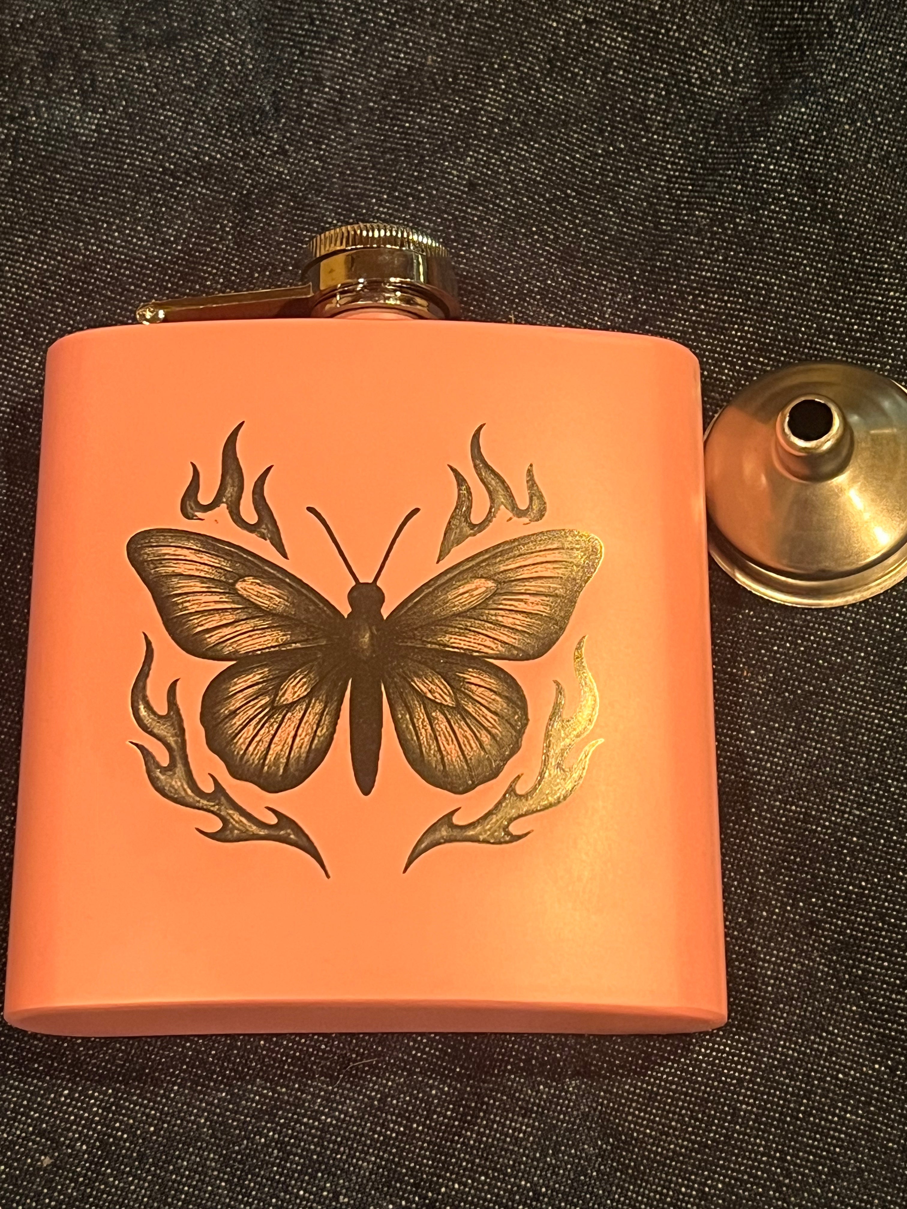 🦋🔥 6 oz Stainless Steel Flask — Bear Claw Arcane Flaming Butterfly (Original Art)