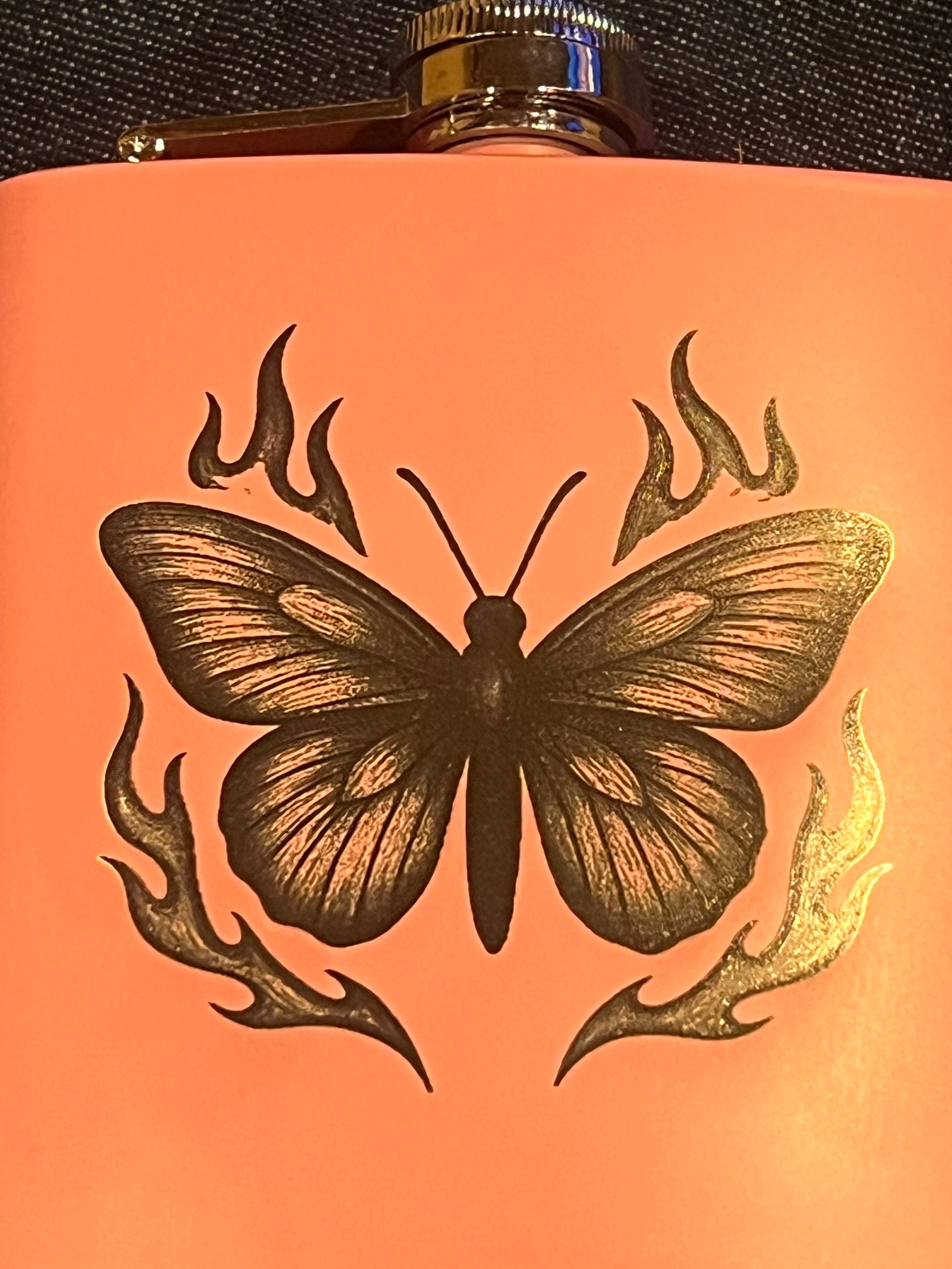 🦋🔥 6 oz Stainless Steel Flask — Bear Claw Arcane Flaming Butterfly (Original Art)