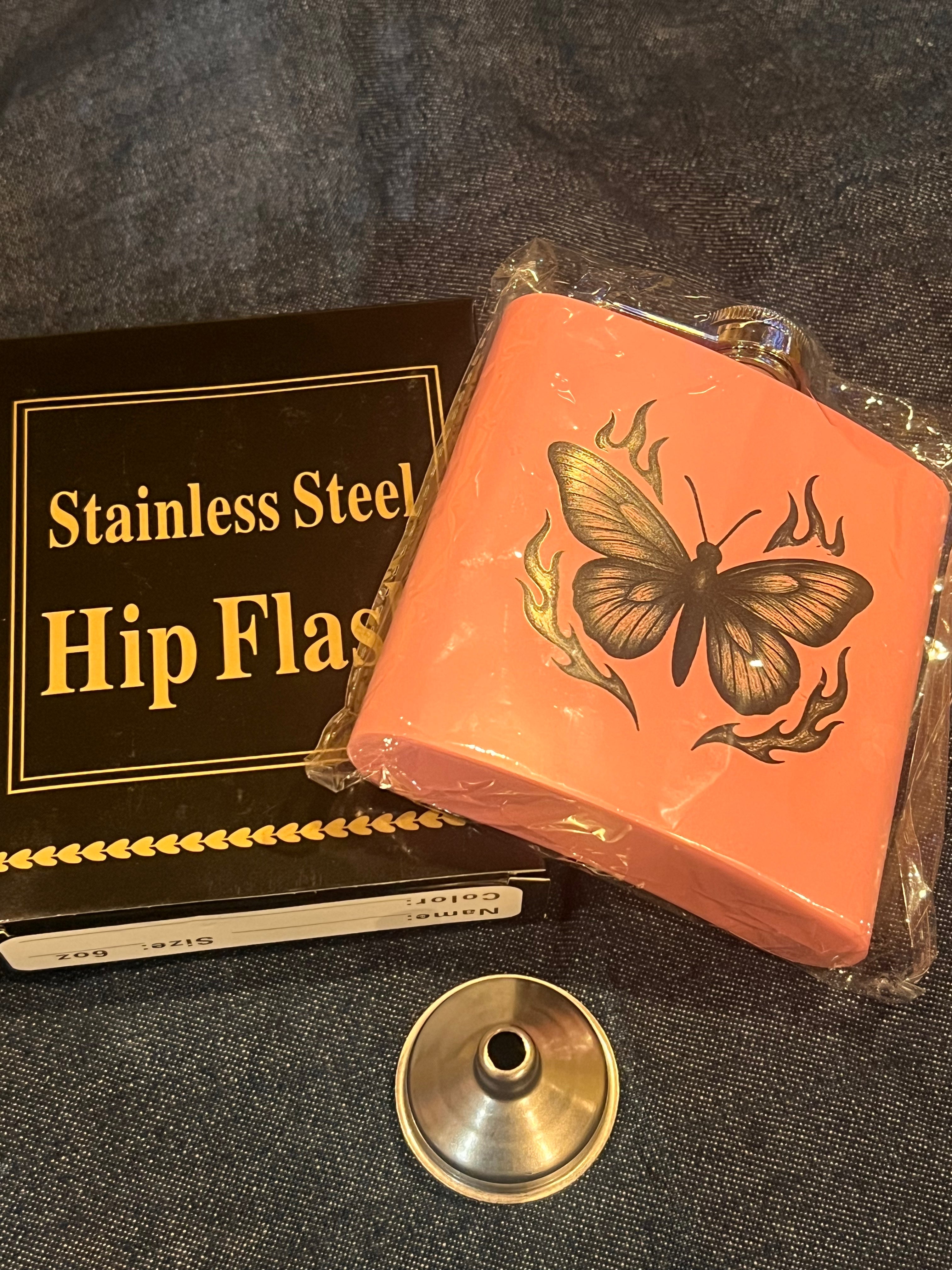 🦋🔥 6 oz Stainless Steel Flask — Bear Claw Arcane Flaming Butterfly (Original Art)