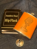 🎤🎤 8 oz Leather‑Wrapped Hip Flask — Old‑School Microphone Engraving