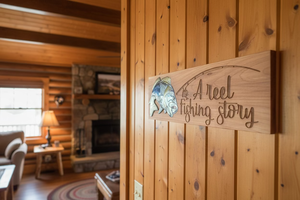 🌲 Cedar Plank Laser‑Engraved Wall Art with Mica Resin Fish