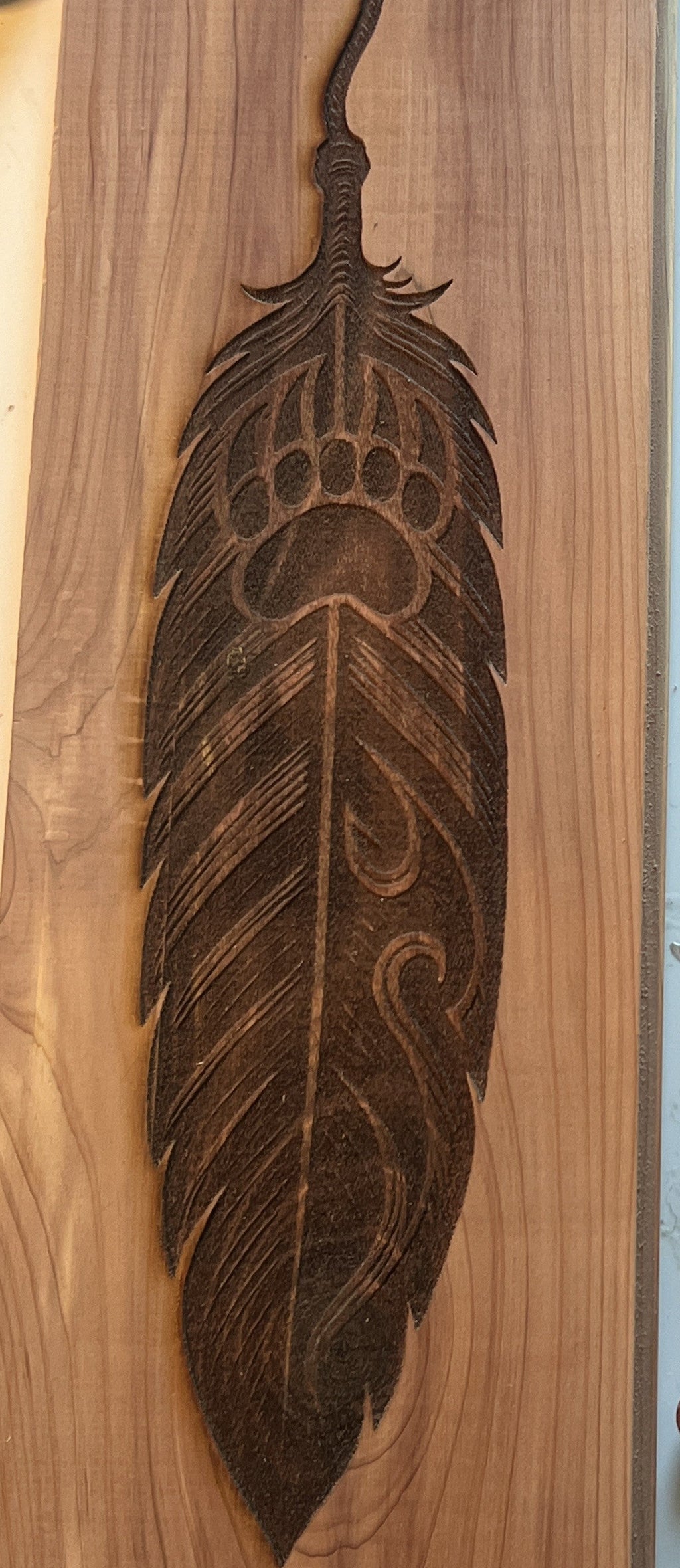 Cedar Spirit Feather — Mystic Laser Carving (11.25" x 3.5")