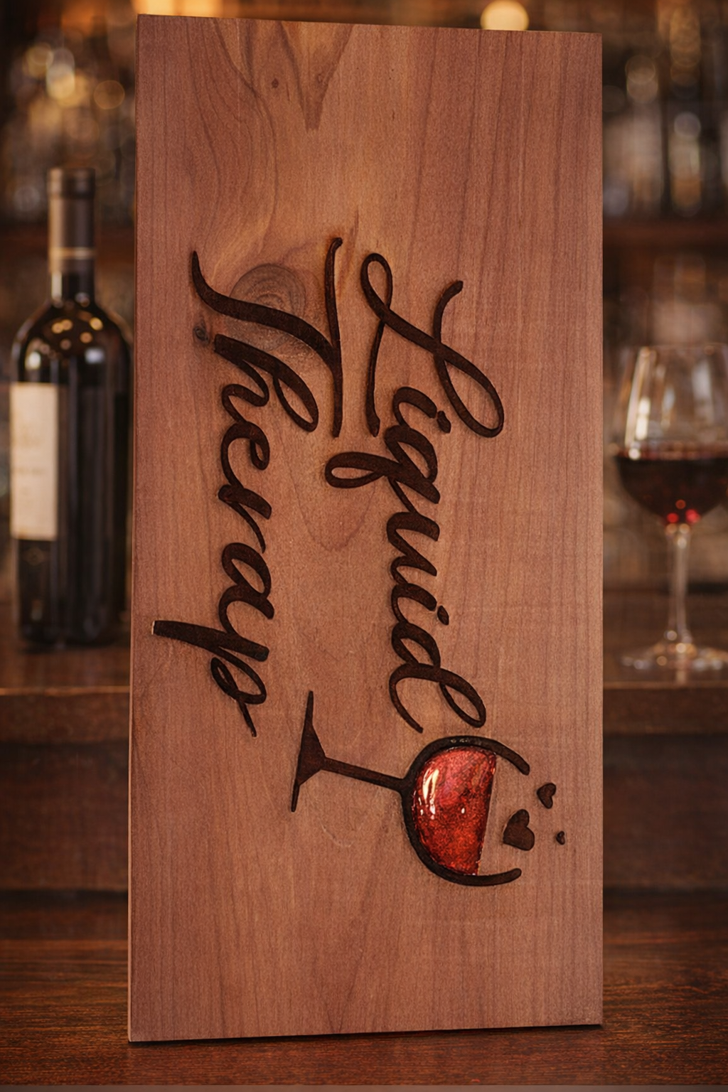 “Liquid Therapy – Cedar Engraved Wine Art” 11.25" x 3.75"